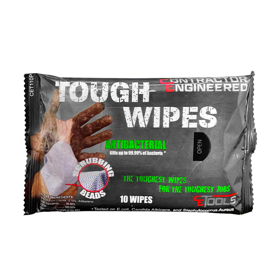 Photo of the individual use container of 10 tough wipes for your hands.