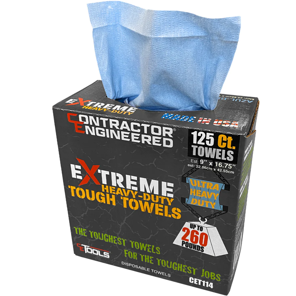 Photo of the box of 125 count Contractor Engineered Extreme Heavy-Duty Tough Towels