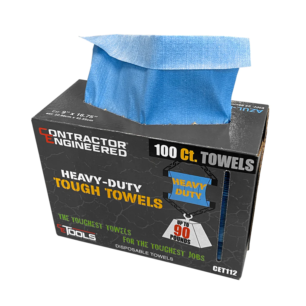 Photo of box of 100 count Contractor Engineered Heavy-Duty Tough Towels