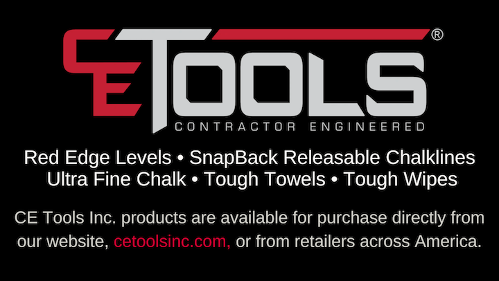 Graphic of CE Tools Contractor Engineered Red Edge Levels - Snap Back Releasable Chalk Lines. Ultra Fine Chalk. tough Towels. Tough Wipes. Ce Tools, Inc., products are available for purchase directly from our website, Cetoolsinc.com or from retailers across America.