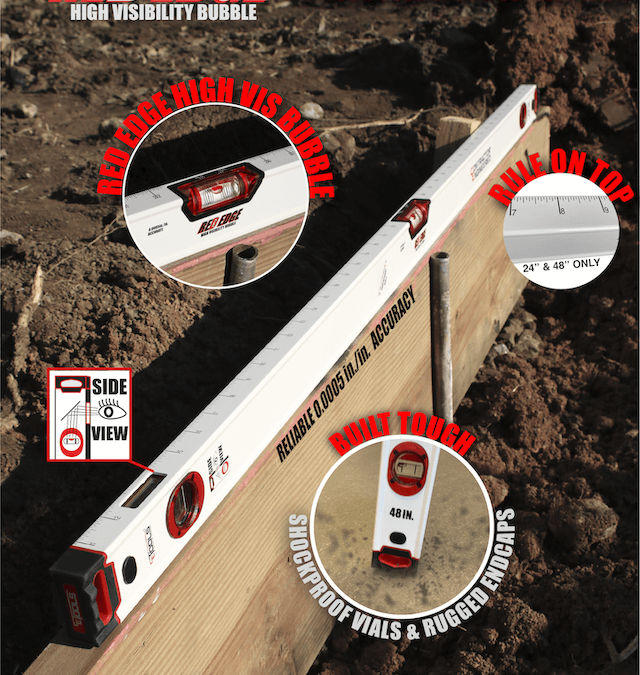 Graphic of Red Edge High Visibility Bubble Construction Levels with close up images of the Bubble, a side view bubble, the ruler on the top edge and image demonstrating shockproof vials and rugged endcaps