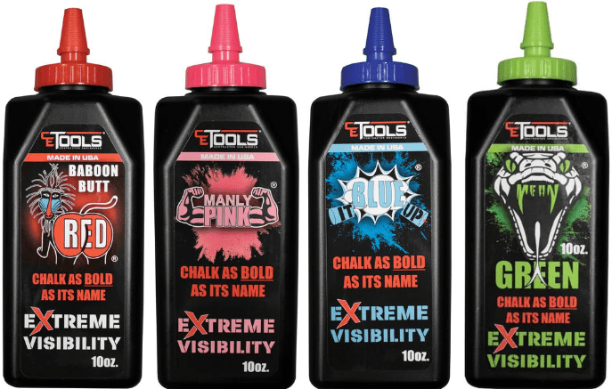 Photo of each of the four colors of CE Tools chalk: Baboon Butt Red, Manly7 Pink, Blue It Up and Mean Green